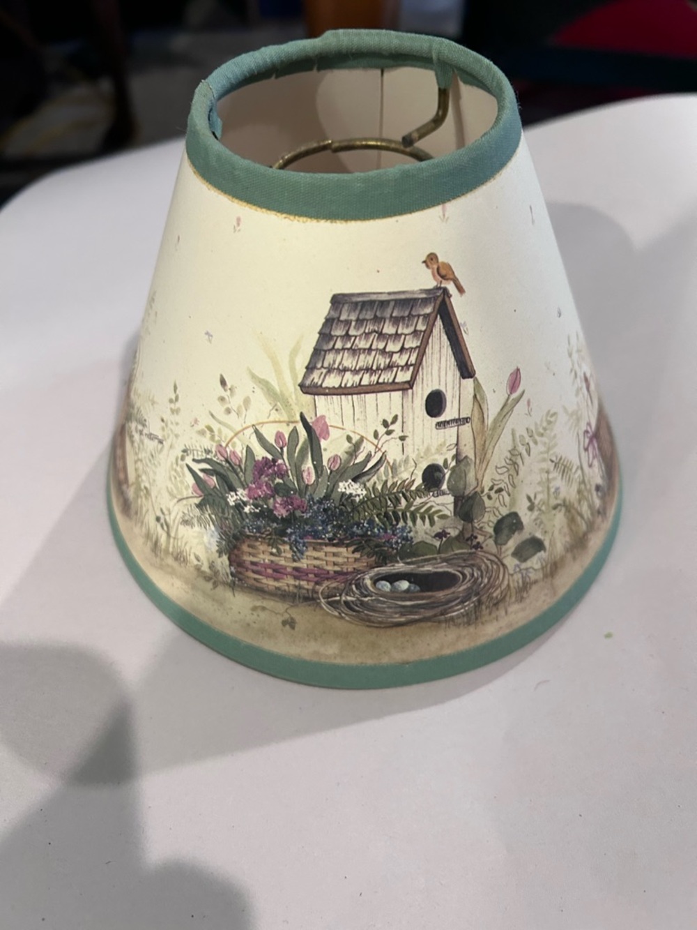 Table Lamp Shade with Green Trim and Nature Motif